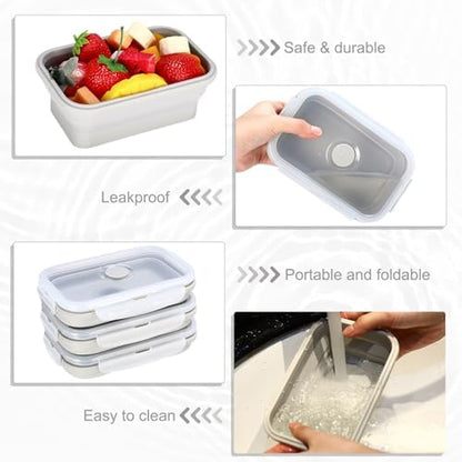 Hushee 24 Pcs Silicone Collapsible Food Storage Containers 17 oz Collapsible Snack Containers with Lid Vent Airtight Meal Prep Bento Lunch Box, Microwave Dishwasher Safe(Gray)