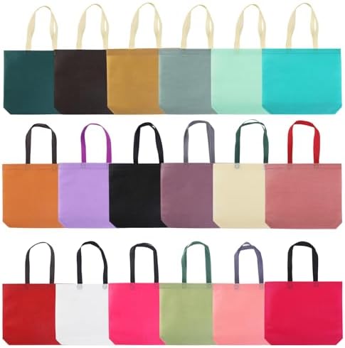36 Pack Non-Woven Tote Bags, 18 Assorted Colors (2 per Color), Reusable Grocery Bags for Shopping, Crafts, Events, Bulk