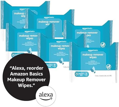 Amazon Basics Makeup Remover Wipes, Gentle Cleansing, Dermatologist Tested, Hydrating with Hyaluronic Acid, Plant-Based, Alcohol-Free, Removes Waterproof Mascara, No-Rinse Formula, 25 Count, 6-Pack
