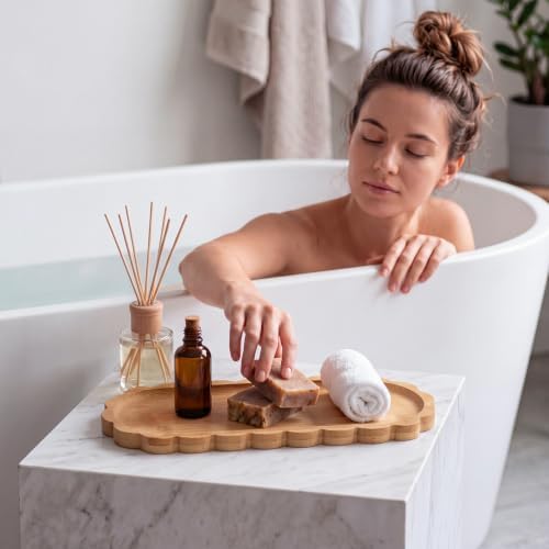 Scalloped Bamboo Soap Dispenser Tray Bathroom Rustic Decor Bamboo Countertop Tray Scalloped Soap Dish Jewelry Holder Vanity Bathtub Organizer for Bathroom Kitchen Home Decor (9'',Oval)