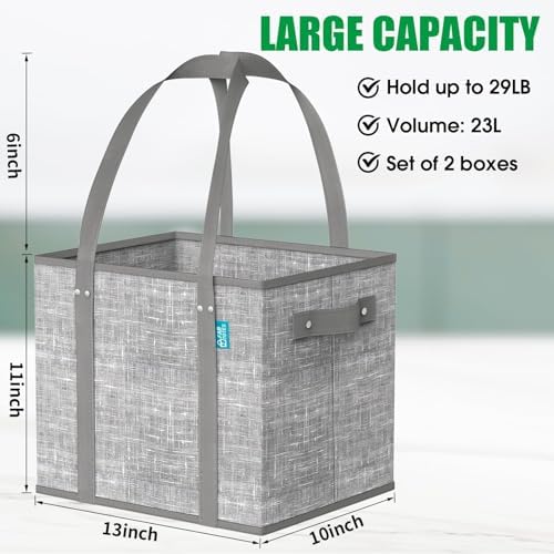Fab totes Reusable Grocery Bags, Large Foldable Shopping Tote Bags with Reinforced Handles & Hard Bottom,2 Pack, Grey