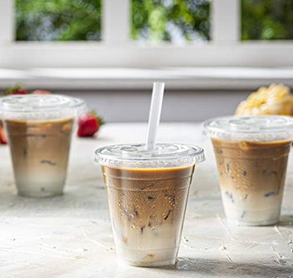 GUSTO 12 oz Clear Plastic Cups with Lids [50 Sets] Iced Coffee Cups