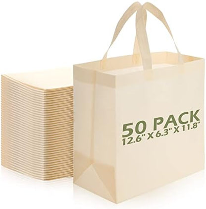 Reginary 50 Pcs Reusable Tote Bags Shopping Bags Non Woven, Beige