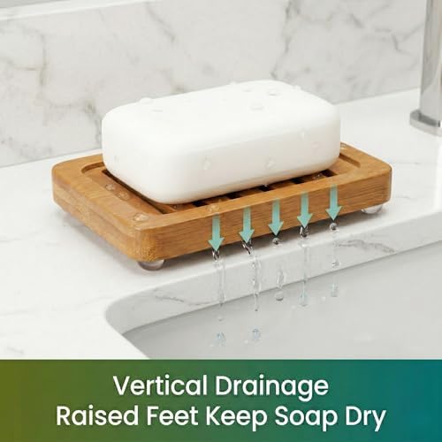 Bamboo Soap Dish with Drainage, 2 Pack Slotted Self Draining Bar Soap Holder, Acacia Finish for Shower, Bathroom Sink & Kitchen Countertop