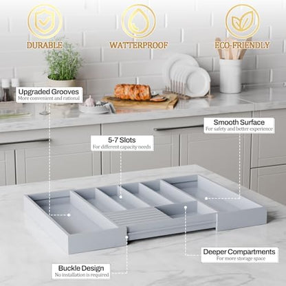 Bamboo Kitchen Silverware Drawer Organizer - Expandable Wood Utensil Holder with Dividers, Luxury Cutlery Storage Tray for Kitchen Utensil and Flatware (5-7 Slots with Removable Knife Block, Grey)