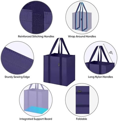 BALEINE 4 PK Grocery Bags Reusable Shopping Bags with Reinforced Bottom, Heavy Duty Foldable Tote Bags (Navy Blue)