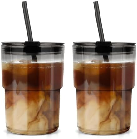 Luxfuel 13 oz Glass Cups with Lids and Straws Reusable Iced Coffee Tumbler