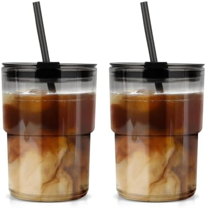 Luxfuel 13 oz Glass Cups with Lids and Straws Reusable Iced Coffee Tumbler