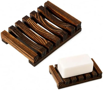 Bamboo Soap Dish for Bar Soap, Raised Wooden Holder with Drain Slots，Carbonized Pine Wood Soap Box