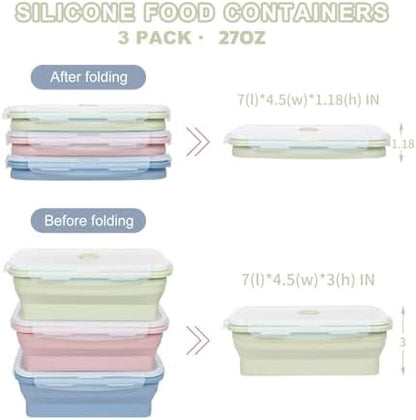 KIGI 【3 PACK】 27 OZ Collapsible Silicone Food Storage Containers with Lids Meal Prep Containers Bento Box, BPA FREE, Microwave Safe