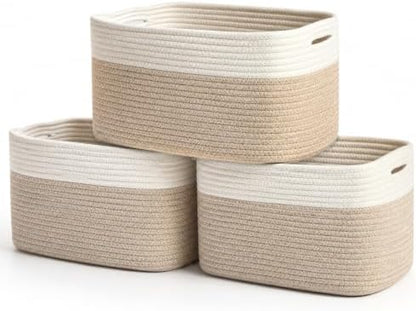 OrganiHaus Cotton Rope Baskets for Shelves, Set of 3, 15x9x10