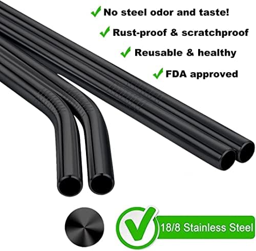 Vinaco 4 Pack Black 0.4" Wide Bore Reusable Stainless Steel Smoothie Straws
