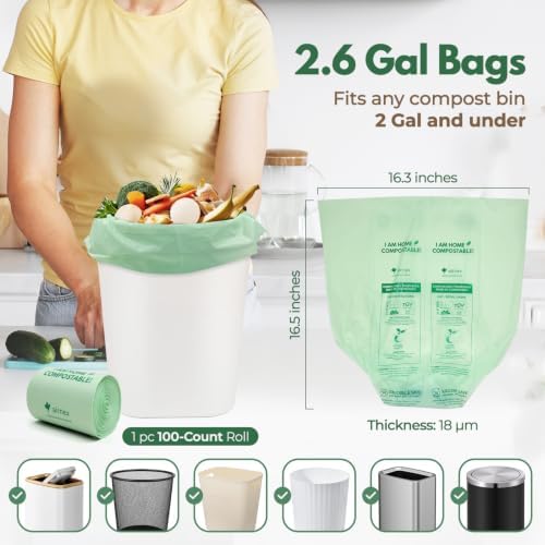 AIRNEX Small Compost Bags 2.6 Gal - 100 Compostable Kitchen Trash Bags for Countertop Bin - Cornstarch Leakproof & Tear-Resistant - OK Compost Home & Seedling Certified 0.18 mm Kitchen Garbage Bags