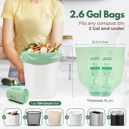 AIRNEX Small Compost Bags 2.6 Gal - 100 Compostable Kitchen Trash Bags for Countertop Bin - Cornstarch Leakproof & Tear-Resistant - OK Compost Home & Seedling Certified 0.18 mm Kitchen Garbage Bags