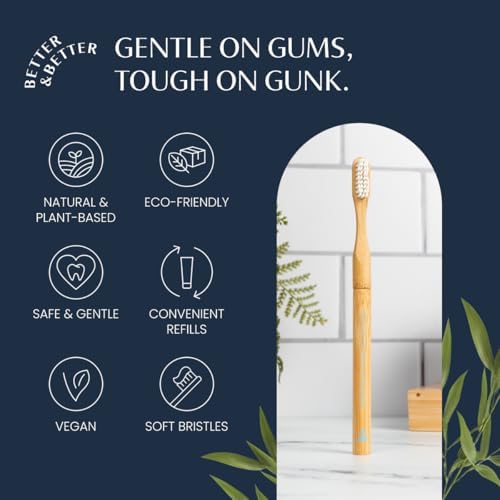Better & Better Natural Bamboo Toothbrush | Soft Bristles | 100% Plant-Based | Reusable Handle and Replaceable Brush Head | Eco-Friendly, Zero Plastic | Adult Size, White
