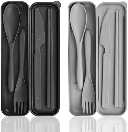 2 Sets Plastic Reusable Utensils Set with Case, Travel Chopsticks Fork Spoon Knife Set for Lunch Box, Portable Cutlery Sets for Travel Camping Daily Use (Black, Grey)