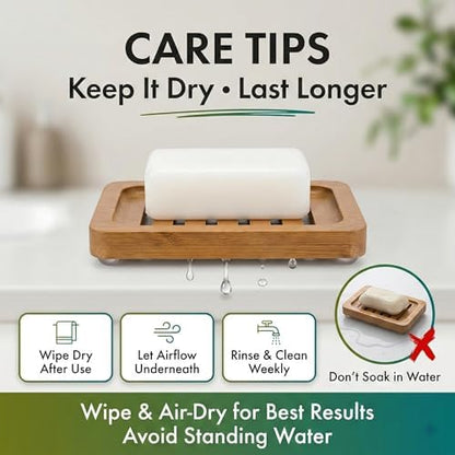 Bamboo Soap Dish with Drainage, 2 Pack Slotted Self Draining Bar Soap Holder, Acacia Finish for Shower, Bathroom Sink & Kitchen Countertop