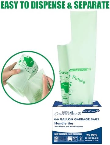 BEIDOU-PAC 4-6 Gallon Compostable Trash Bags, 75 Count, Kitchen Compost Bags With Handle, Sturdy Garbage Bags for Food Scrap Waste, ASTM D6400, US BPI Certified