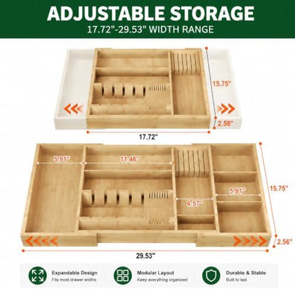 Bamboo Expandable Kitchen Drawer Organizer, 17.7-29.5 in,Natural