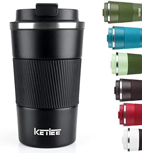 KETIEE Travel Mug 12oz, Vacuum Insulated Coffee Mug with Leakproof Lid, Travel Coffee Tumbler Stainless Steel Double Walled Reusable Coffee Cup for Hot and Iced Water (Black)