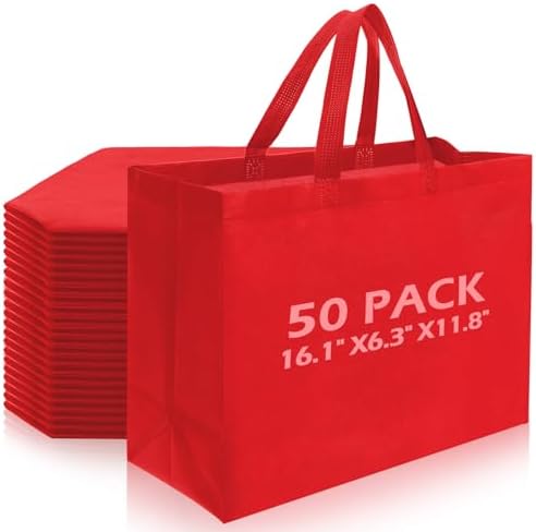 50 Pcs Reusable Tote Bag with Handles Bulk Extra Large Non Woven Grocery Shopping Bags for Boutiques Retail Store(Red)