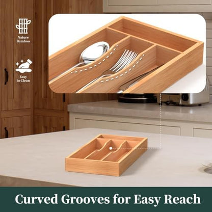 Small Silverware Organizer, Bamboo Kitchen Drawer Organizer, Utensil Holder, Cutlery Tray & Spoon Flatware Storage with Grooved Drawer Dividers (6.7''W x 12''D)