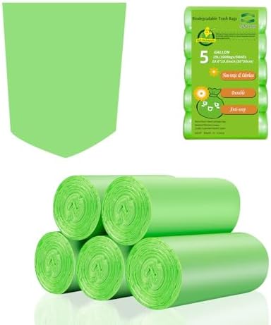 5 Gallon Biodegradable Garbage Bags - Inwaysin 100 Count Unscented Compostable Trash Bags Leakproof & Tear Resistant Wastebasket Liners Fit for Kitchen Pet or Diaper Pail, 5 Rolls, Clear Green