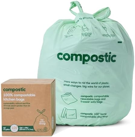 Compostic Compostable 13 Gallon Trash Bags, 100 Ct, Extra Strong