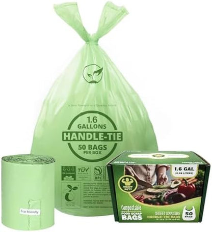 1.6 Gallon Compostable Trash Bags Drawstring, Heavy Duty Extra Thick 0.6 Mil, 6.06 Liter, 50 Bags, Small Kitchen Food Scrap Waste Bag, Unscented Pet Waste Bags, US BPI and OK Compost Home Certified