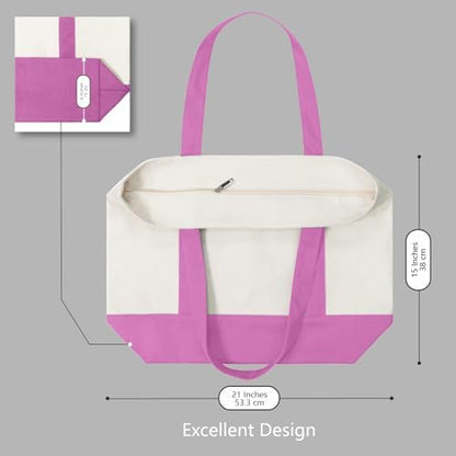 TOPDesign 6-Pack Canvas Tote Bags with an External Pocket, Reusable Grocery Shopping Bags, Top Zipper Closure, Daily Essentials (Light Purple/Natural)