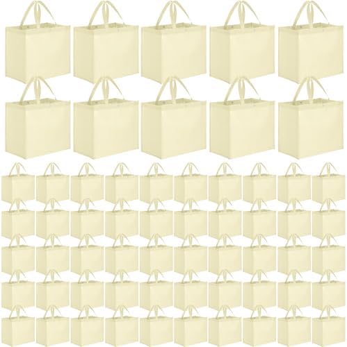 Zhehao 60 Pcs Reusable Grocery Bags Bulk Large Foldable Shopping Tote Bags Non Woven with Handle and Plastic Button(Beige)