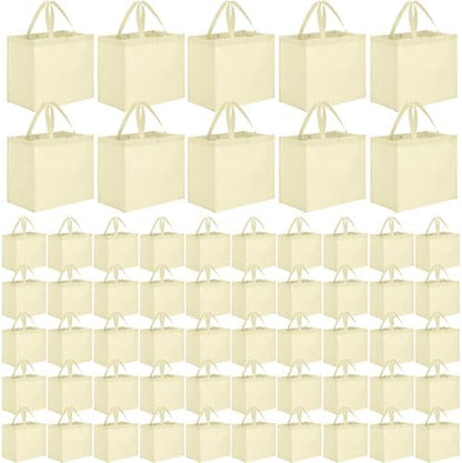 Zhehao 60 Pcs Reusable Grocery Bags Bulk Large Foldable Shopping Tote Bags Non Woven with Handle and Plastic Button(Beige)