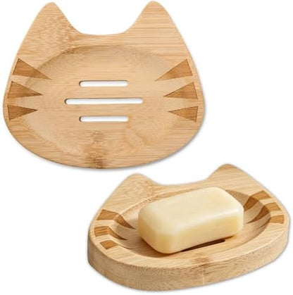 Bamboo Soap Dish Self Draining for Shower - Cute Cat Bamboo Soap Tray Holder Saver with Drainage, Natural Waterproof Decorative Tray for Bathroom, Kitchen, Sponges, Bath Tub, Shower, Sink - 1 Pack
