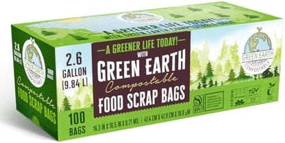 Green Earth Compostable Small Kitchen Food Scrap Trash Bags, Extra Thick 0.71 Mil, Compost Bin Compatible, 2.6 Gallon, 10 Liter, 100-Count, ASTM D6400, BPI (US) & OK Compost Home (EU) Certified
