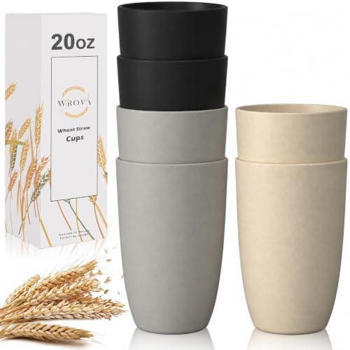 Wrova Wheat Straw Cups 6 PCS, 20 oz Plastic Cups Reusable Kitchen Cups, Dishwasher & Microwave Safe Large Coffee Cup, Unbreakable Water Plastic Glasses- Black & Gray