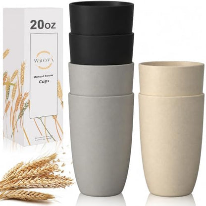 Wrova Wheat Straw Cups 6 PCS, 20 oz Plastic Cups Reusable Kitchen Cups, Dishwasher & Microwave Safe Large Coffee Cup, Unbreakable Water Plastic Glasses- Black & Gray