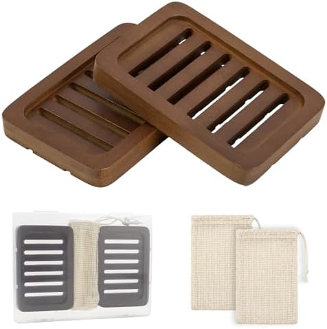 2 Pack Self Draining Bamboo Soap Holder Slotted Walnut Wooden Soap Dish