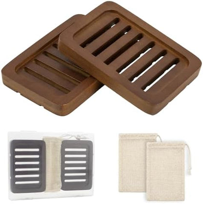 2 Pack Self Draining Bamboo Soap Holder Slotted Walnut Wooden Soap Dish