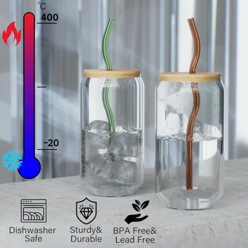 YUTRENN Reusable Glass Straws Sets of 8 Wavy Colorful Drinking Straw with 2 Cleaning Brushes, 8 inches 0.3" Thick Clear Straws High Borosilicate Glass Straw for Tumblers 10 Pack Gift Wrap