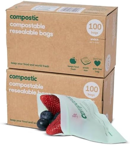 Compostic Compostable Snack Bags, 200 Ct Bulk Pack, Zip-Seal