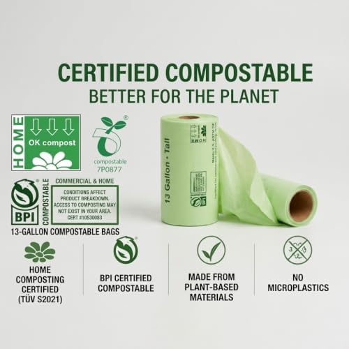 OrangeBio 13 Gallon Compostable Trash Bags, 50 Count, BPI Home Certified