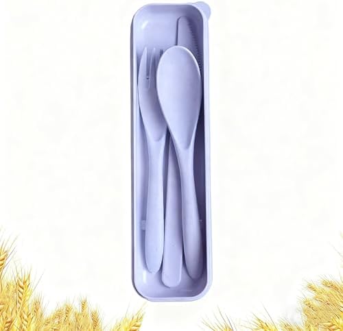 Travel Utensils with Case, Camping Utensil Sets, Wheat Straw Portable Knife Fork Spoons Tableware, Reusable Utensils for Lunch Box (Purple)
