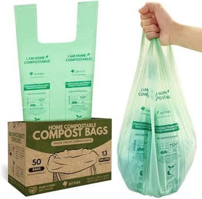 AIRNEX Compostable Kitchen Trash Bags 13 Gal - Cornstrarch Leakproof & Tear Resistant 50 Compost Bags - OK Compost Home & Seedling Certified 0.25 mm Kitchen Garbage Bags