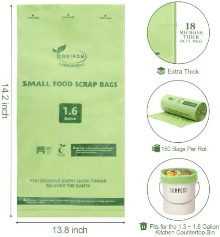 1.6 Gallon Compostable Trash Bags, 150 Count Kitchen Food Scrap