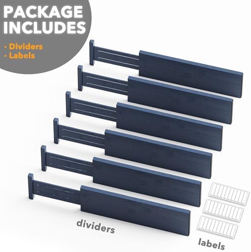SpaceAid Bamboo Dresser Drawer Dividers 6 Pack, 4.65“ High Adjustable 17“-22” Drawer Organizers, Expandable Organization for Clothing, Clothes, Dressers, Navy Blue