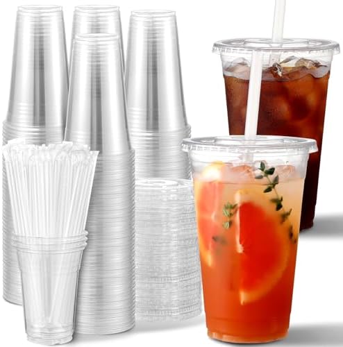 AOZITA 100 Pack - 24 oz Clear Plastic Cups with Lids and Straws, Sturdy & Food Safe Iced Coffee Cups with lids, Disposable Iced Coffee Cups for Cold Drinks
