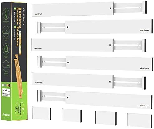 ANTOWIN Expandable Bamboo Drawer Dividers, Drawer Separators,17-22 inches Adjustable Spring-loaded Organizer for Large Utensil, Clothes, Tools Drawers, 6Pack (White)
