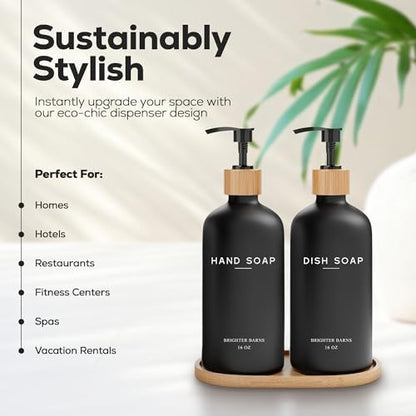 Black Glass Hand and Dish Soap Dispenser Set by Brighter Barns - Kitchen Soap Dispenser Set with Tray - Bamboo Pump Bottles for Kitchen Sink - Boho Modern Home Decor, Neutral Home Accessories (Black)