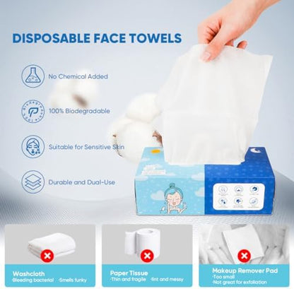 Orighty Disposable Face Towel, Biodegradable Clean Facial Towels, Super Soft Makeup Remover Wipes, Absorbent Facial Wash Cloth for Makeup Removing, Facial Cleansing, Nursing, Outdoor, 600 Count