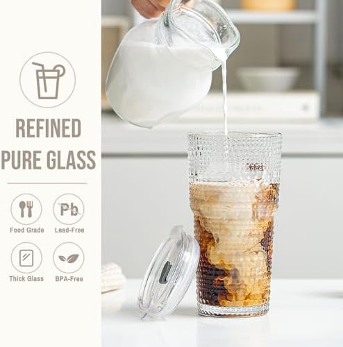 SoulTimes 20oz Hobnail Glass Tumbler with Bamboo Lids and Straws - Iced Coffee Glass Cups for Smoothie, Matcha, Juice, Water etc. Leakproof and Reusable Glassware Drinking for Travel To Go [4 Pcs]